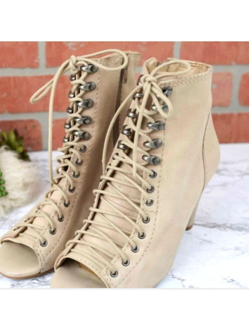 Gianni Bini Tan Lace Up Peep Toe Booties Size 8.5 M